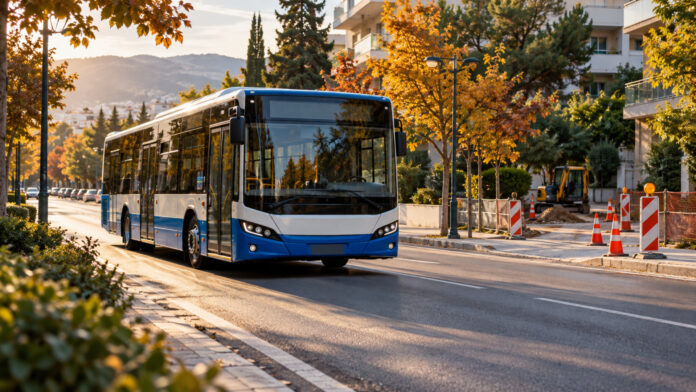 Αστικό λεωφορείο κινείται σε λεωφόρο κοντά σε οργανωμένο εργοτάξιο