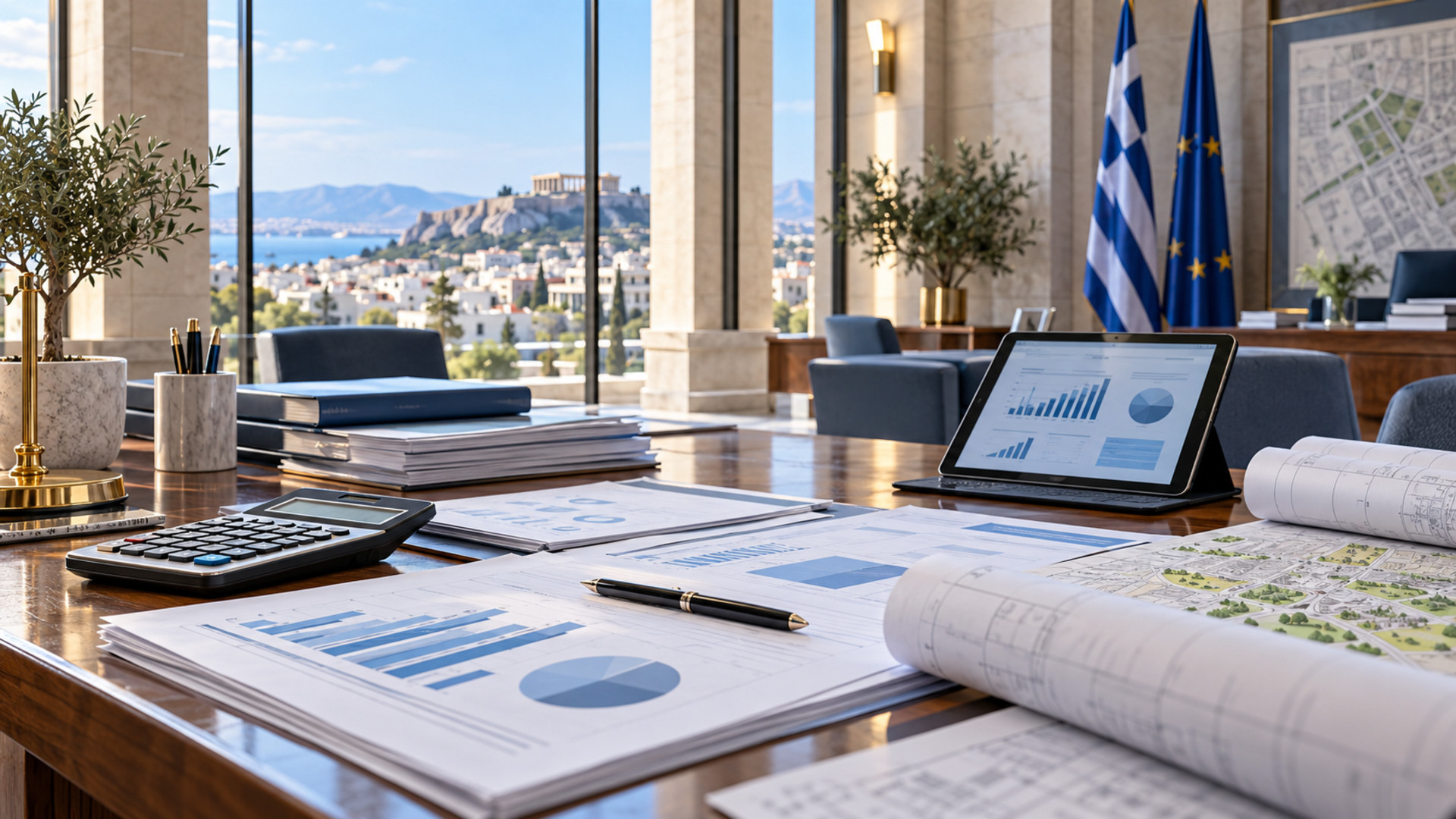 Οργανωμένο γραφείο δημοτικής οικονομικής διαχείρισης με έγγραφα, διαγράμματα και υπολογιστή