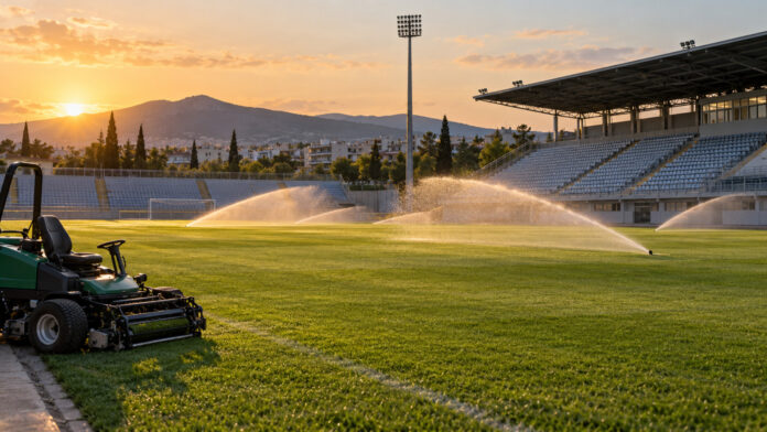 Φυσικός χλοοτάπητας με σύστημα άρδευσης και χλοοκοπτικό σε δημοτικό στάδιο