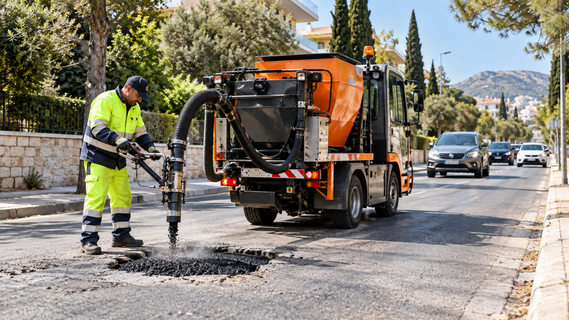 Ειδικό όχημα οδοποιίας επισκευάζει λακκούβα σε αστικό δρόμο