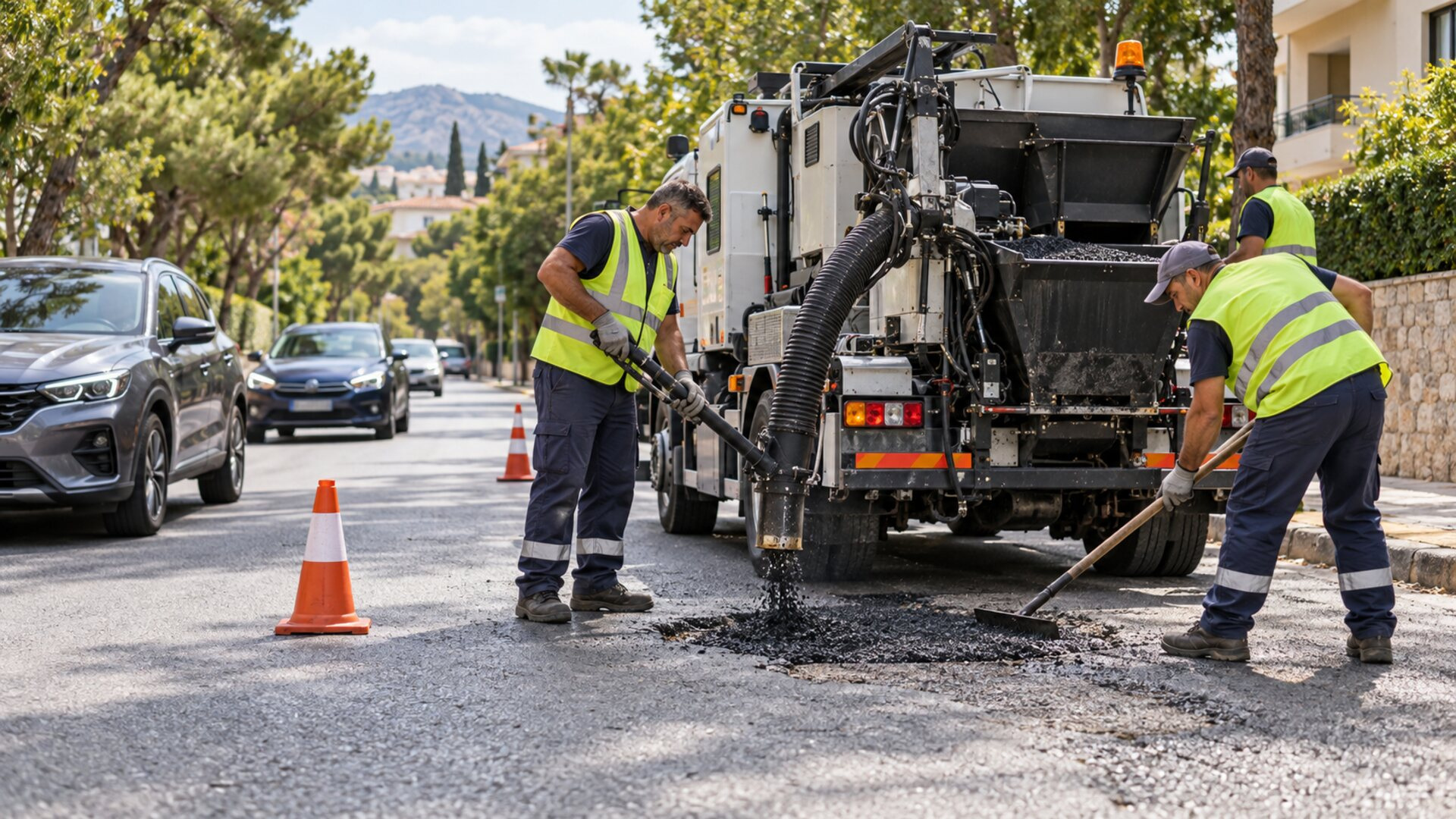Ειδικό μηχάνημα και δημοτικό συνεργείο αποκαθιστούν μικρή φθορά σε αστικό οδόστρωμα