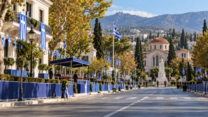 Σημαιοστολισμένος δρόμος σε βόρειο προάστιο ενόψει του εορτασμού της 28ης Οκτωβρίου