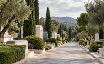 Παπάγου–Χολαργός: Αμετάβλητα τα τέλη κοιμητηρίων το 2027 Διαμορφωμένος διάδρομος δημοτικού κοιμητηρίου με κυπαρίσσια και περιποιημένο πράσινο