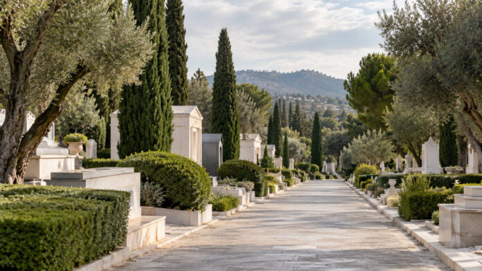 Διαμορφωμένος διάδρομος δημοτικού κοιμητηρίου με κυπαρίσσια και περιποιημένο πράσινο