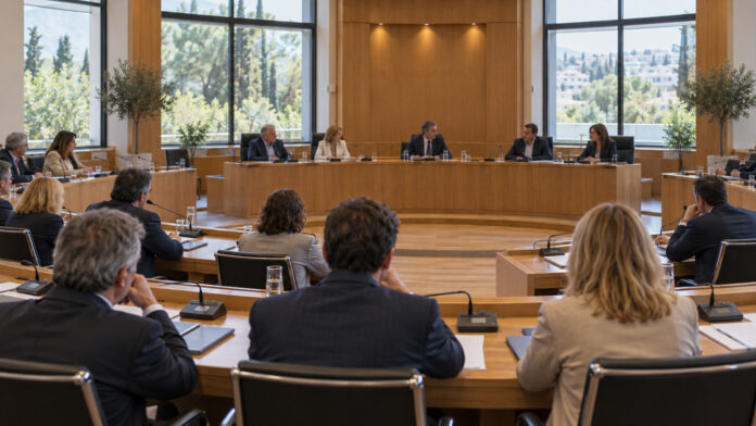Σύγχρονη αίθουσα δημοτικού συμβουλίου με αιρετούς γύρω από ξύλινα έδρανα