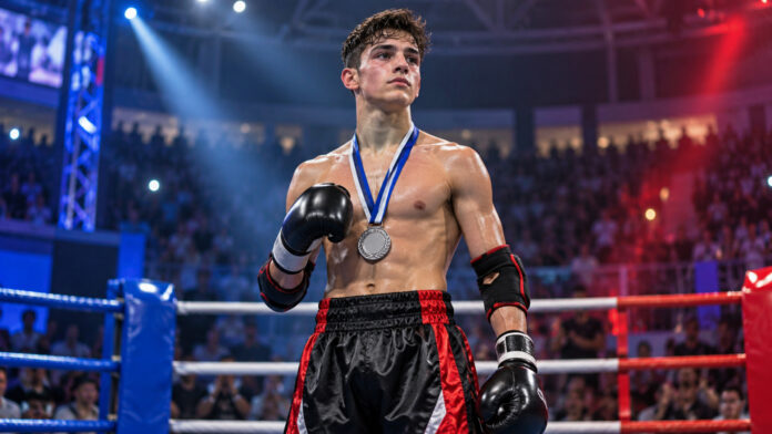Νεαρός αθλητής kickboxing σε αγωνιστικό ρινγκ με ασημένιο μετάλλιο