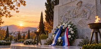 Παπάγος: Στεφάνι στο μνημείο των Ελλήνων πεσόντων του Πολέμου της Κορέας Τελετουργικό στεφάνι μπροστά σε μνημείο πεσόντων στρατιωτών