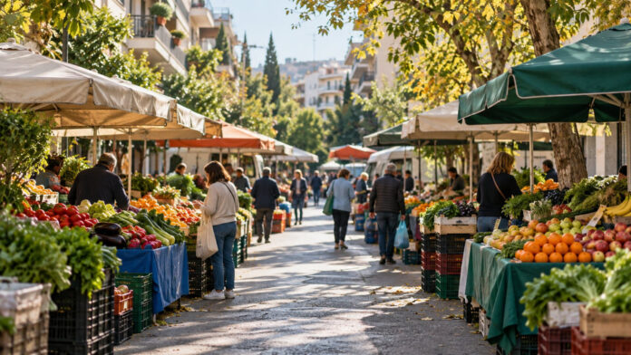 Υπαίθρια λαϊκή αγορά με πάγκους φρούτων και λαχανικών σε κατοικημένο δρόμο