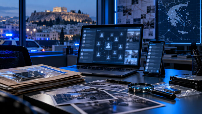 Χώρος ψηφιακής έρευνας με υπολογιστή, κινητό τηλέφωνο και τεκμήρια ηλεκτρονικής διερεύνησης