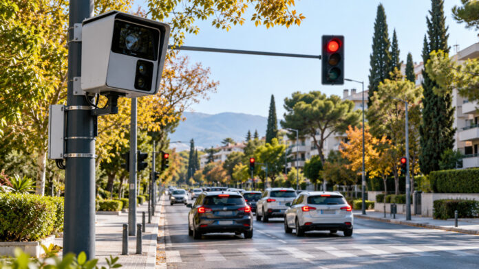 Έξυπνη κάμερα ελέγχου κυκλοφορίας δίπλα σε φωτεινό σηματοδότη σε δεντροφυτεμένη αστική λεωφόρο