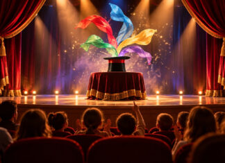 Πεύκη: Δωρεάν Magic Show για παιδιά στο Δημοτικό Θέατρο Παιδιά και γονείς παρακολουθούν σκηνή με καπέλο ταχυδακτυλουργού και πολύχρωμα μαντίλια