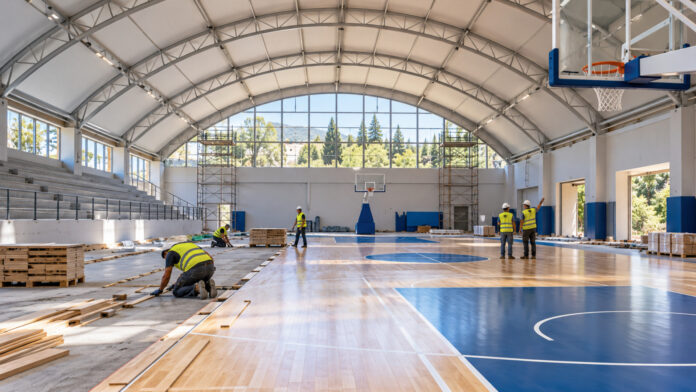 Εργασίες ανακατασκευής σε σύγχρονο κλειστό δημοτικό γυμναστήριο με αθλητικό δάπεδο