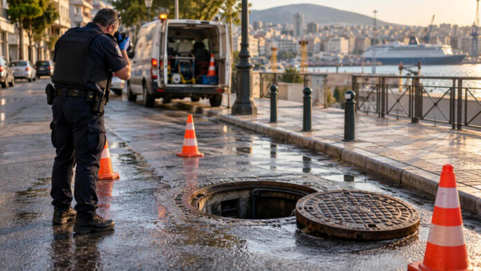 Αστυνομικός καταγράφει ανοιχτό φρεάτιο και μεταλλικό κάλυμμα σε δρόμο του Πειραιά