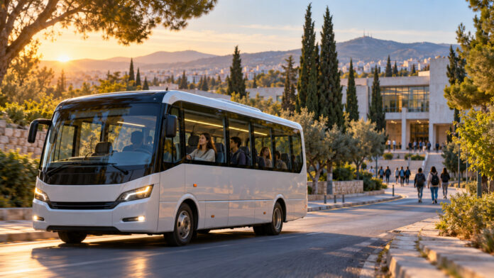 Λευκό φοιτητικό λεωφορείο κινείται σε καταπράσινο προάστιο με κατεύθυνση πανεπιστημιακή εγκατάσταση