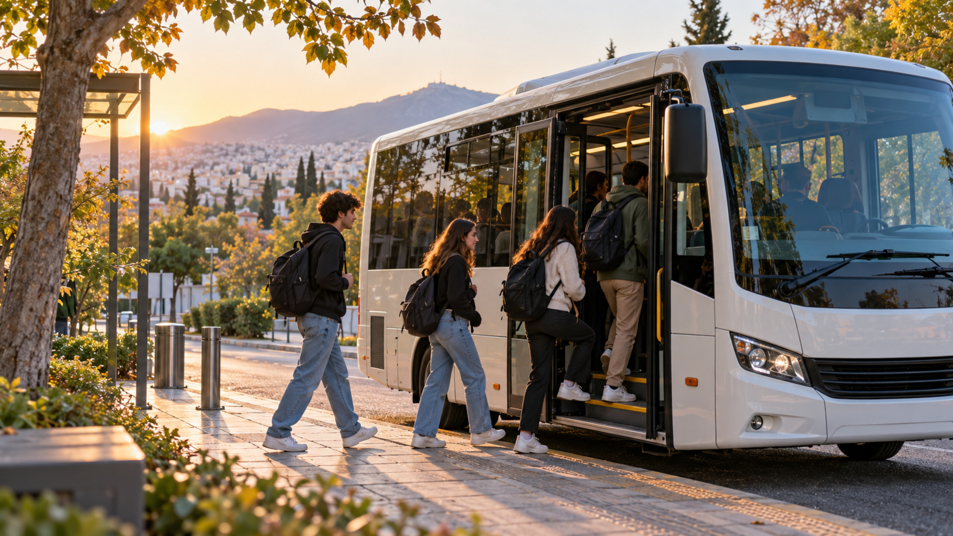 Φοιτητές επιβιβάζονται σε δημοτικό λεωφορείο για τη μετακίνησή τους προς τις πανεπιστημιουπόλεις