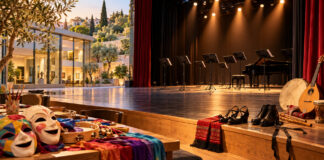 Πεντέλη: Το αναλυτικό πρόγραμμα των πολιτιστικών τμημάτων Σκηνή πολιτιστικού κέντρου με μουσικά όργανα, θεατρικές μάσκες και εξοπλισμό χορωδίας και χορού