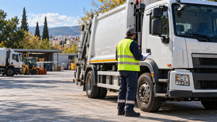 Επαγγελματίας οδηγός δίπλα σε δημοτικό όχημα σε οργανωμένο αμαξοστάσιο