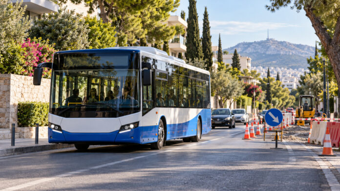 Αστικό λεωφορείο περνά από προσωρινή εκτροπή σε δρόμο του Ψυχικού