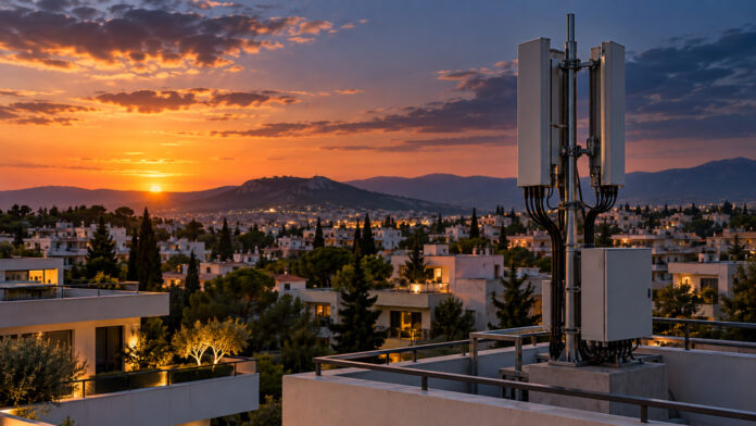 Κεραία κινητής τηλεφωνίας σε ταράτσα κατοικίας σε αστικό τοπίο