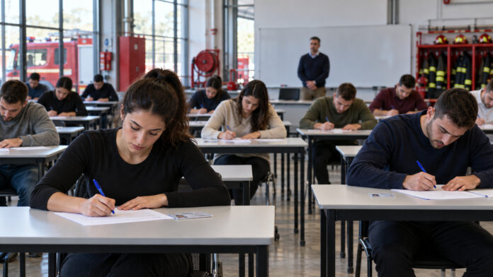 Υποψήφιοι συμμετέχουν σε γραπτές εξετάσεις σε αίθουσα ακαδημίας υπηρεσιών έκτακτης ανάγκης