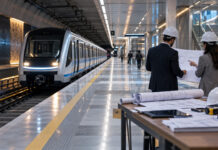 ΣΤΑΣΥ: Αναρτήθηκαν οι οριστικοί πίνακες της προκήρυξης 5/2025 Σύγχρονος συρμός μετρό σε σταθμό και μηχανικοί που εξετάζουν τεχνικά σχέδια