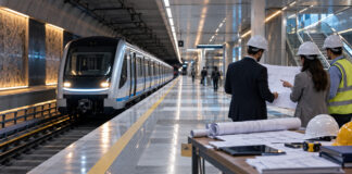 ΣΤΑΣΥ: Αναρτήθηκαν οι οριστικοί πίνακες της προκήρυξης 5/2025 Σύγχρονος συρμός μετρό σε σταθμό και μηχανικοί που εξετάζουν τεχνικά σχέδια