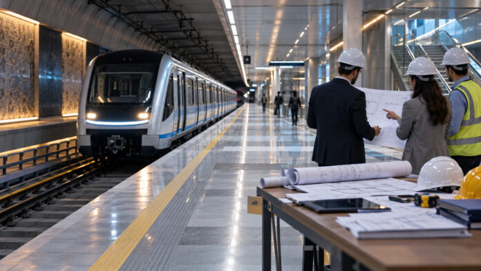 Σύγχρονος συρμός μετρό σε σταθμό και μηχανικοί που εξετάζουν τεχνικά σχέδια