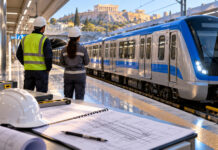 ΣΤΑΣΥ: Προσωρινοί πίνακες για μηχανικούς και εκδότες εισιτηρίων Συρμός μετρό σε σταθμό με τεχνικούς και εξοπλισμό εργασίας