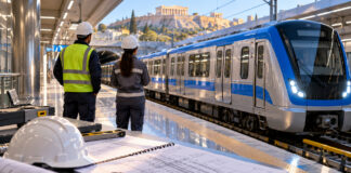 ΣΤΑΣΥ: Προσωρινοί πίνακες για μηχανικούς και εκδότες εισιτηρίων Συρμός μετρό σε σταθμό με τεχνικούς και εξοπλισμό εργασίας