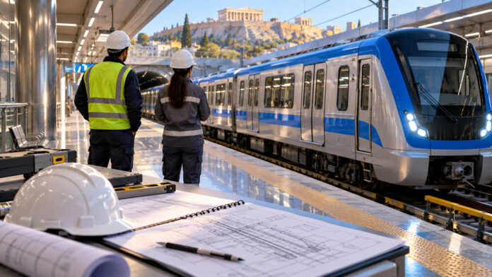 Συρμός μετρό σε σταθμό με τεχνικούς και εξοπλισμό εργασίας