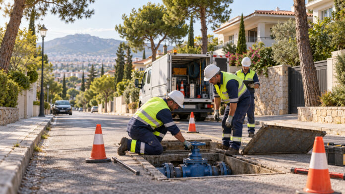Συνεργείο ύδρευσης ελέγχει υπόγεια βάνα σε κατοικημένο δρόμο με πεύκα
