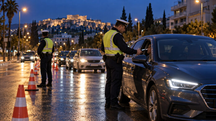 Έλεγχος αλκοολομέτρησης οδηγού από τροχονόμο σε κεντρικό δρόμο της Αττικής
