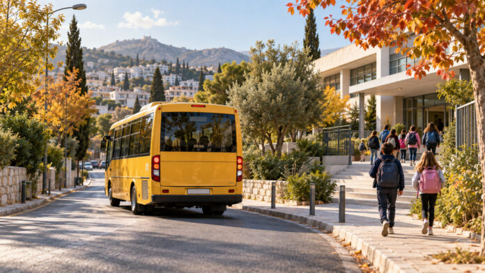 Μικρό σχολικό λεωφορείο κινείται σε δενδροφυτεμένο δρόμο των βορείων προαστίων