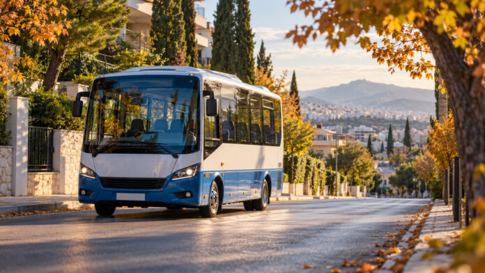Μικρό σχολικό λεωφορείο σε δρόμο των βορείων προαστίων κατά την πρωινή μεταφορά μαθητών