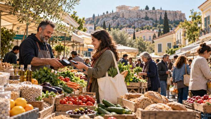 Πολίτης χρησιμοποιεί ψηφιακό voucher για αγορά τροφίμων σε λαϊκή αγορά