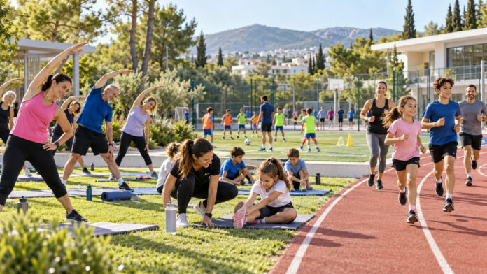 Παιδιά και ενήλικες συμμετέχουν σε αθλητικές δραστηριότητες σε δημοτική εγκατάσταση