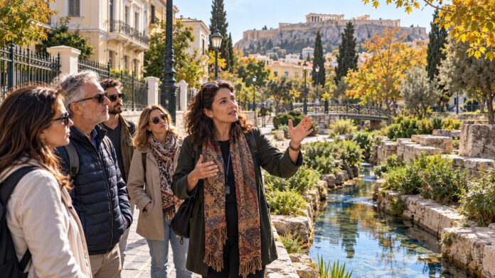 Ομάδα ενηλίκων παρακολουθεί ξενάγηση σε ιστορική διαδρομή της Αθήνας