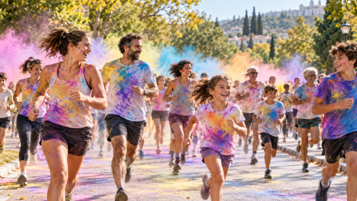 Δρομείς όλων των ηλικιών συμμετέχουν σε πολύχρωμη αθλητική διοργάνωση σε δεντροφυτεμένο αστικό δρόμο