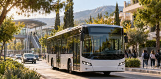 Βριλήσσια: Το σχολικό δρομολόγιο της Δημοτικής Συγκοινωνίας Δημοτικό λεωφορείο κινείται σε δενδροφυτεμένο δρόμο κοντά σε σταθμό μετρό