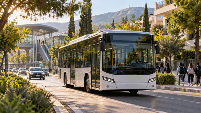 Δημοτικό λεωφορείο κινείται σε δενδροφυτεμένο δρόμο κοντά σε σταθμό μετρό