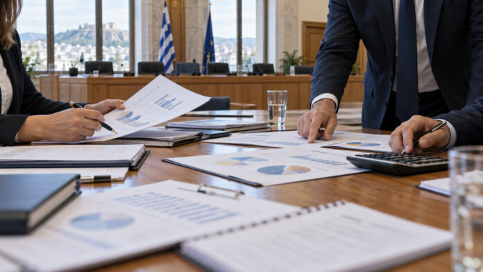 Δημοτικοί υπάλληλοι εξετάζουν πίνακες και έγγραφα οικονομικής διαχείρισης