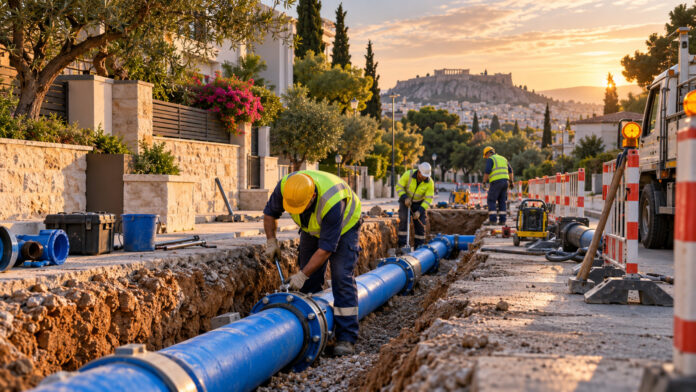 Συνεργείο επισκευάζει υπόγειο αγωγό ύδρευσης σε δρόμο των βορείων προαστίων