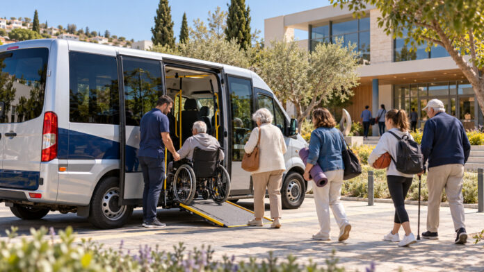 Προσβάσιμο δημοτικό λεωφορείο εξυπηρετεί ηλικιωμένους, άτομο με αναπηρία και συμμετέχοντες σε δραστηριότητες