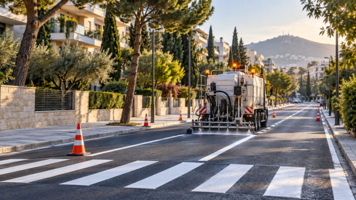 Εργασίες οριζόντιας σήμανσης σε δενδροφυτεμένο αστικό δρόμο