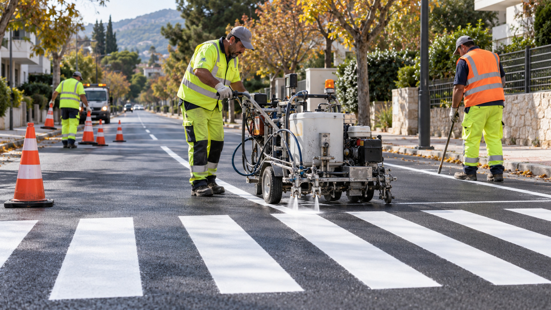 Συνεργείο εφαρμόζει νέες λευκές διαγραμμίσεις και διάβαση πεζών σε αστικό δρόμο