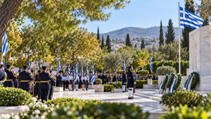 Ελληνικές σημαίες και στεφάνια σε τελετή εθνικής επετείου σε πλατεία