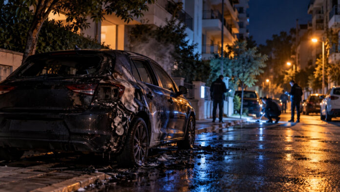 Καμένο αυτοκίνητο σε αστικό δρόμο τη νύχτα ενώ ερευνητές εξετάζουν τον χώρο